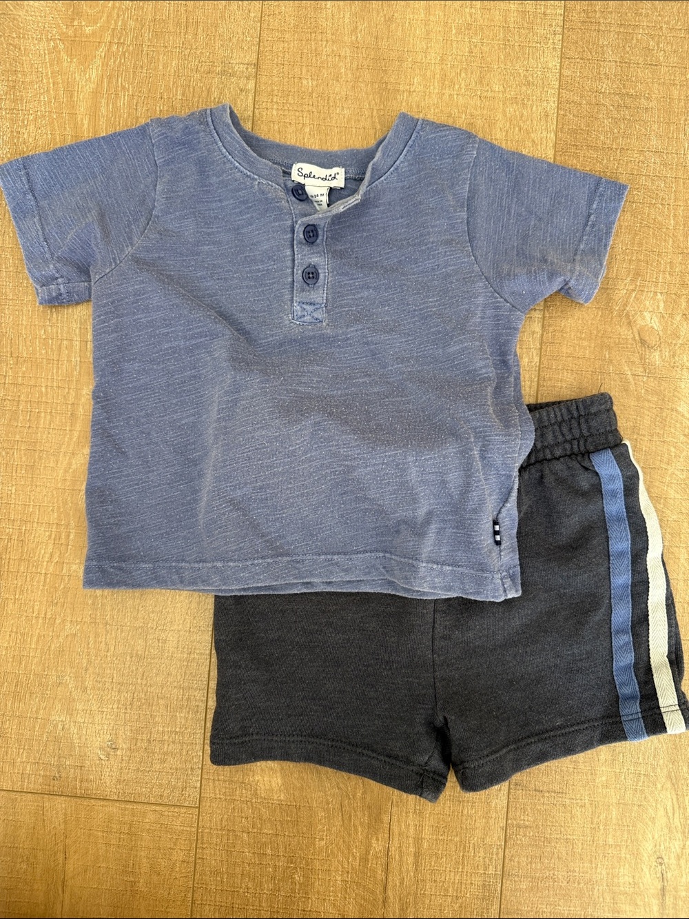 Splendid Blue Henley Top & Charcoal Shorts with Side Stripes